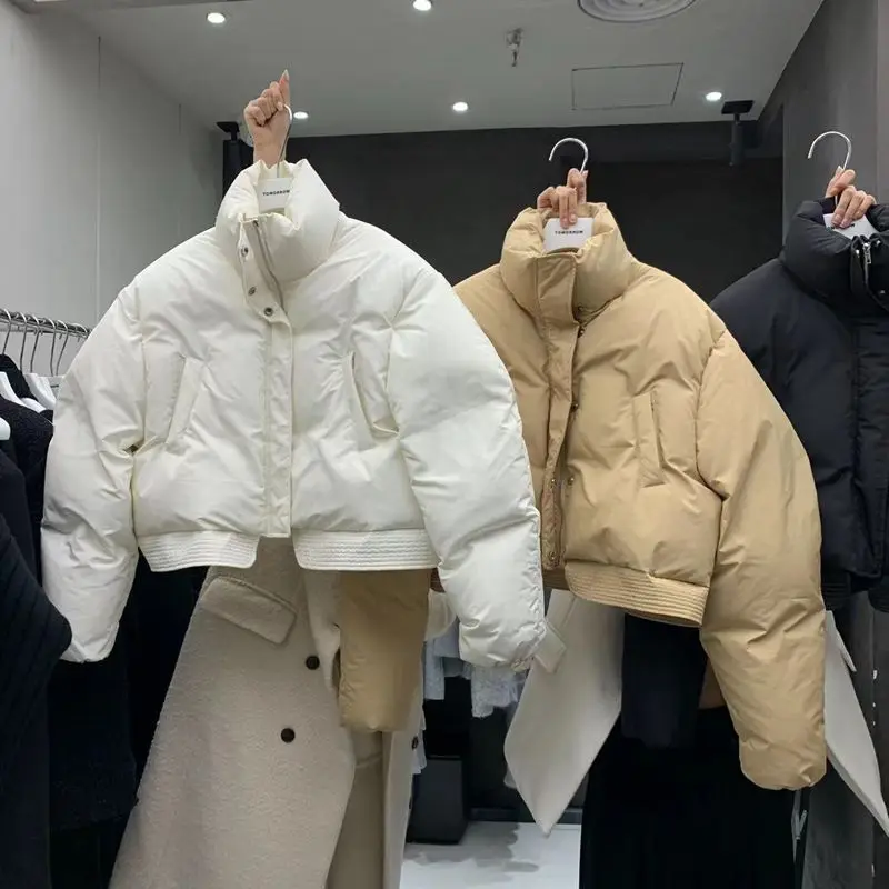 

White Short Cotton Jacket Women's Small Size Bread Style Stand Collar Winter Outerwear Fashionable Versatile Coat