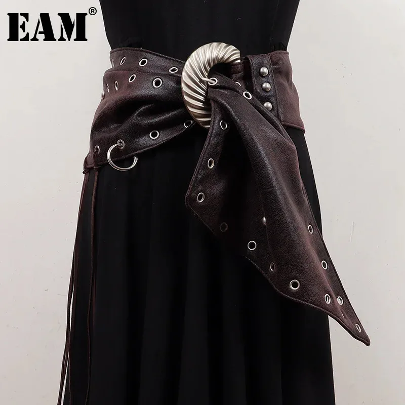 [EAM] Pu Leather Coffee Tassels Irregular Long Wide Belt Personality Women New Fashion Tide All-match Spring Autumn 2025 1DH8694