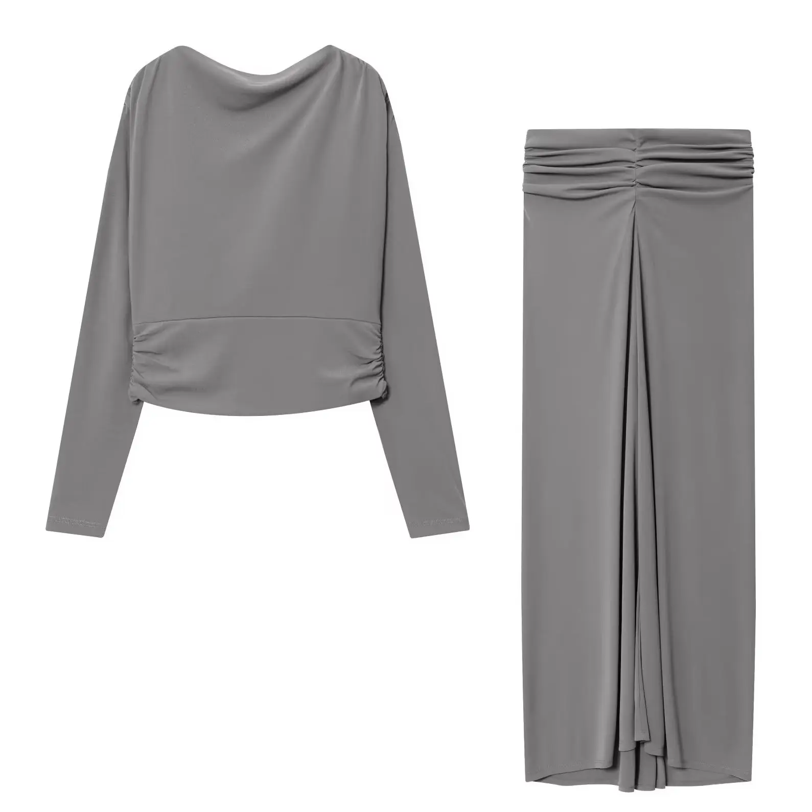 

KONDALA Chic 2025 Grey Elegant Woman Suit Backless Jewelry Folds Knitwear+Draped Long Skirt Casual Fashion Party Female Set