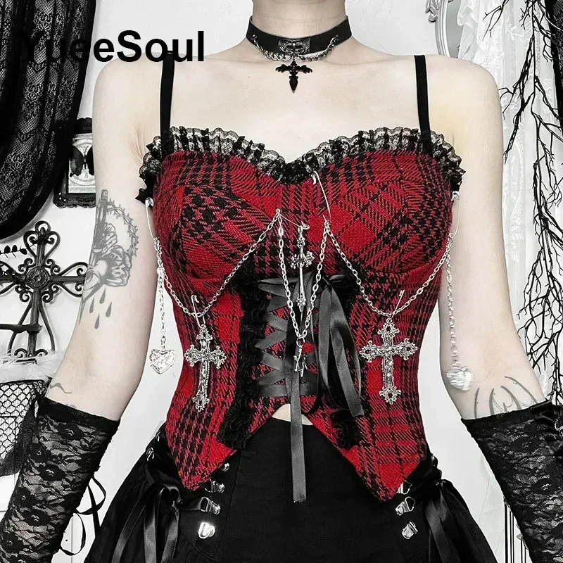 Gotico Crop Top Nero Della Cinghia di Spaghetti Maglia Sottile Corsetto Magliette e camicette 2024 Nuovo Goth Punk Grunge Fairy Core Sexy Y2K