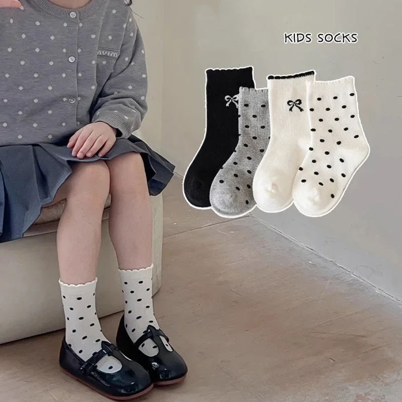 

4 пары/компл. милые носки принцессы для маленьких девочек, милые детские носки в горошек с бантом, весенне-осенние мягкие детские носки
