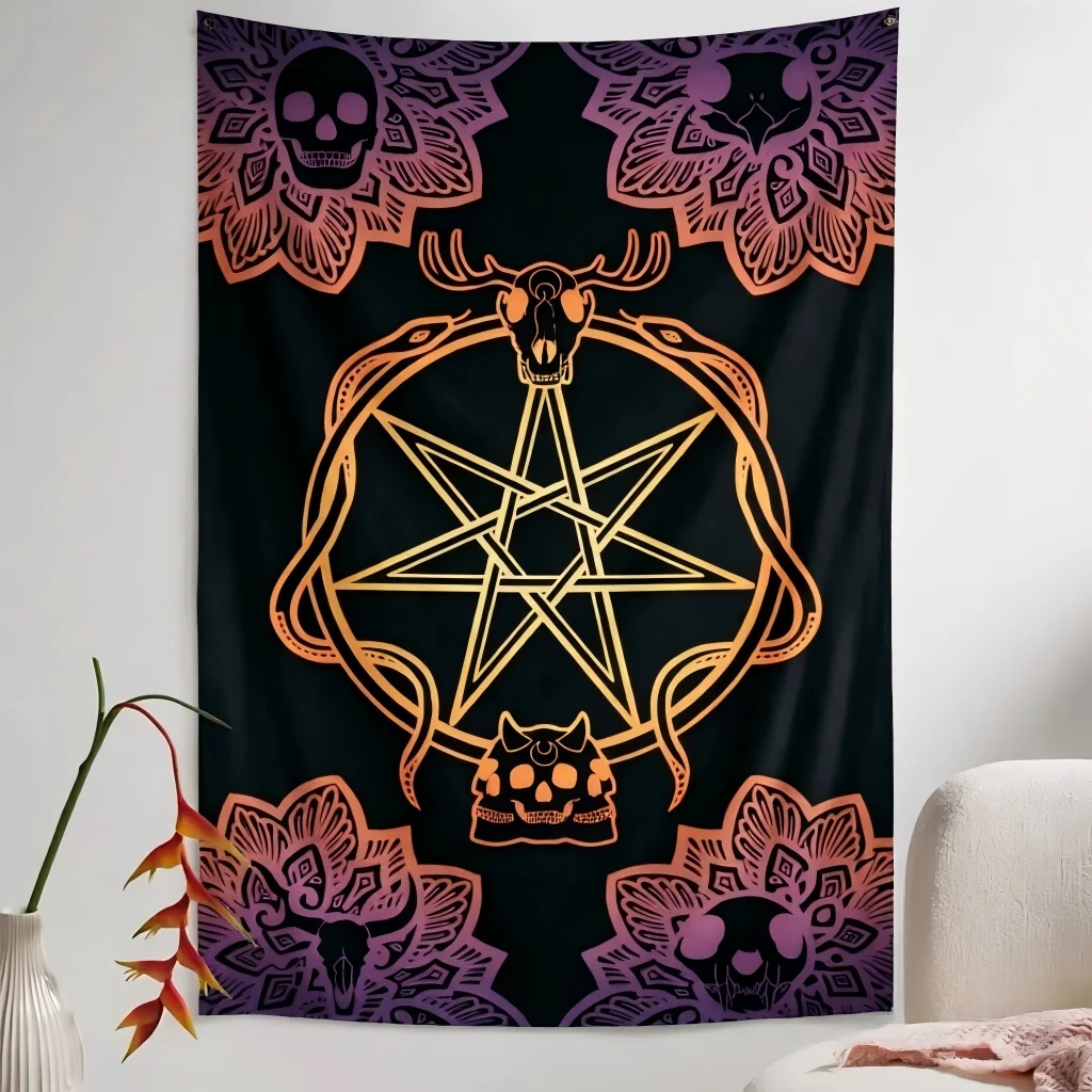 Pentagram Skull Snake Tapestry Gradient Mandala Gothic Wall Hanging Occult Witchy Aesthetic Mystic Animal Skull Bedroom Dorm