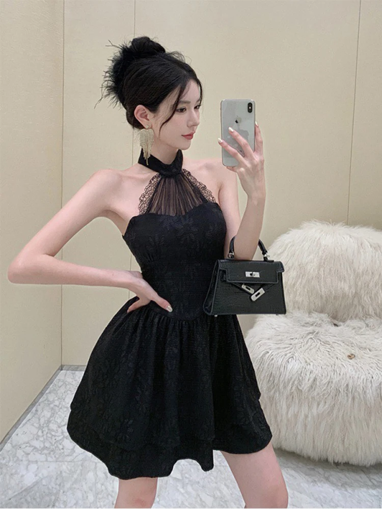 

Fashion Sweet Prom Dresses for Women Cute Black Sheer Lace Tank Mini Swing A-Line Gown Femme Evening Party Club Mujer Vestidos