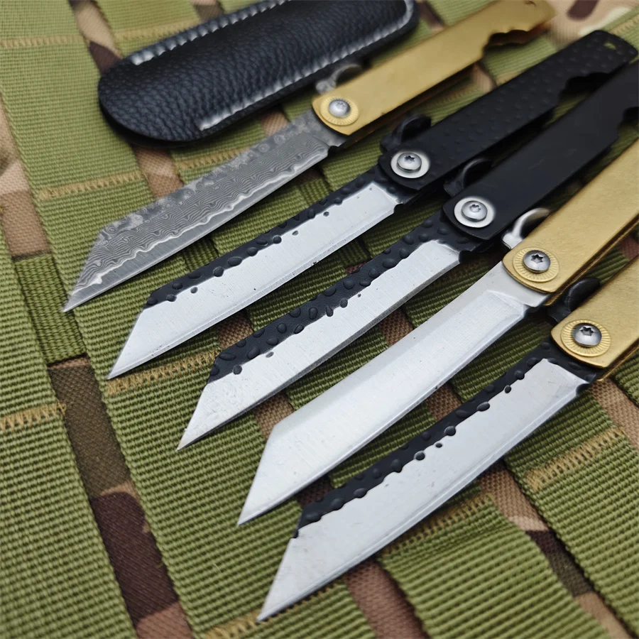 Folding Portable Knife Copper Handle Damascus Steel Blade Hunting Tactical Military Survival Outdoor Camping Utility Knife Tool