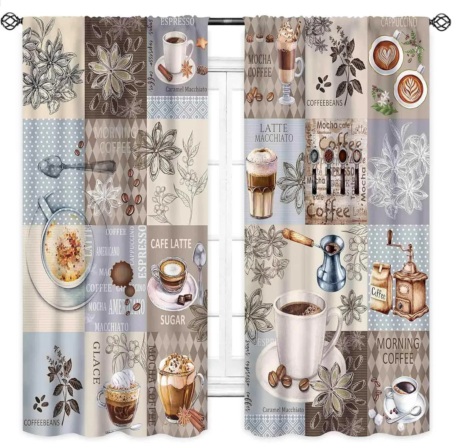 Vintage Watercolor Coffee Tool Latte Type Grid Print Blackout Rod Pocket Curtain Warm Soft Zen Luxury Homestay Bedroom Rest