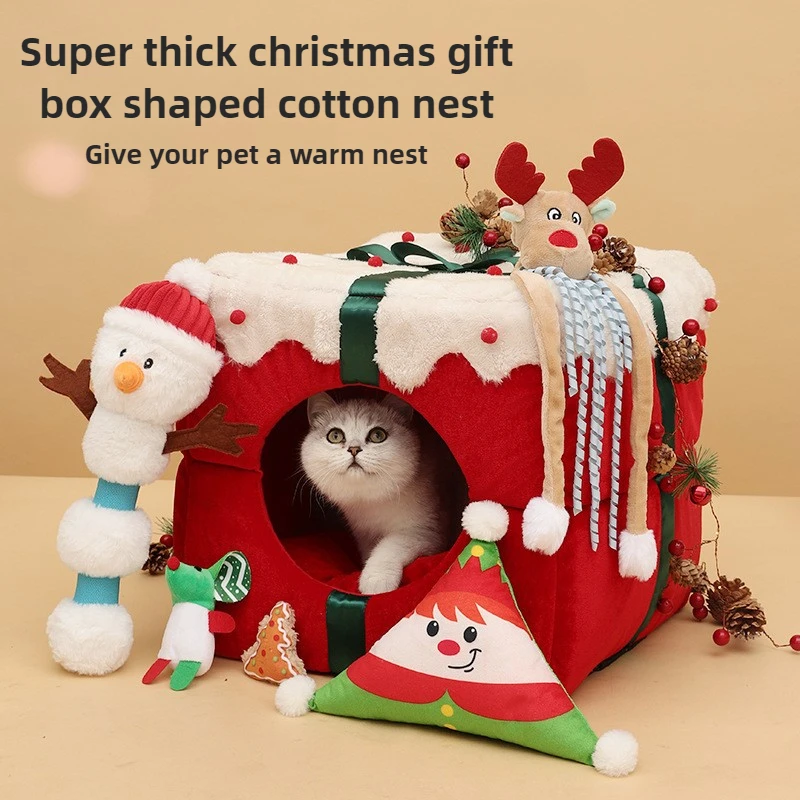 Christmas Gift Box Cat Litter One Litter Dual-purpose Fully Enclosed Pet Nests Winter Warm Kennel