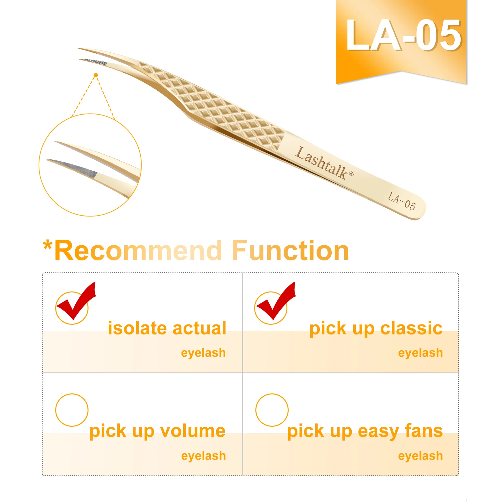 Lashtalk Precisie Fiber Tip Pincet Wimperextensies Diamond Grip Antislip Premium Goud Roestvrij Staal Make-up Met Box Pack