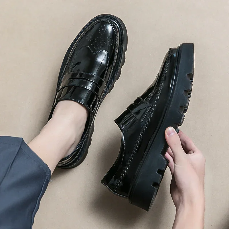 New Black Patent Leather Loafers Platform Men Shoes Round Toe Solid Slip-On Size 38-44  Mens Shoes