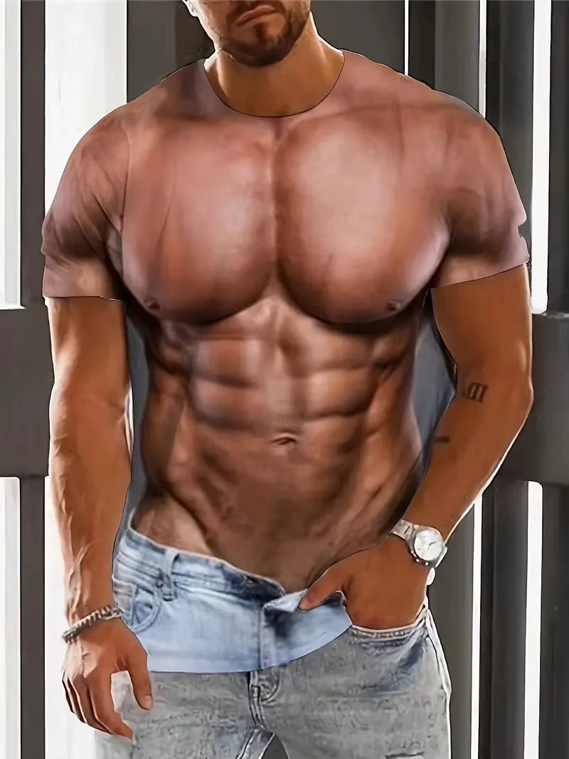 Unisex Funny 3D Muscle Abs Optical Illusion T‑Shirt, Ripped Torn Fake Body Print Novelty Humor Prank Tops for Men Women