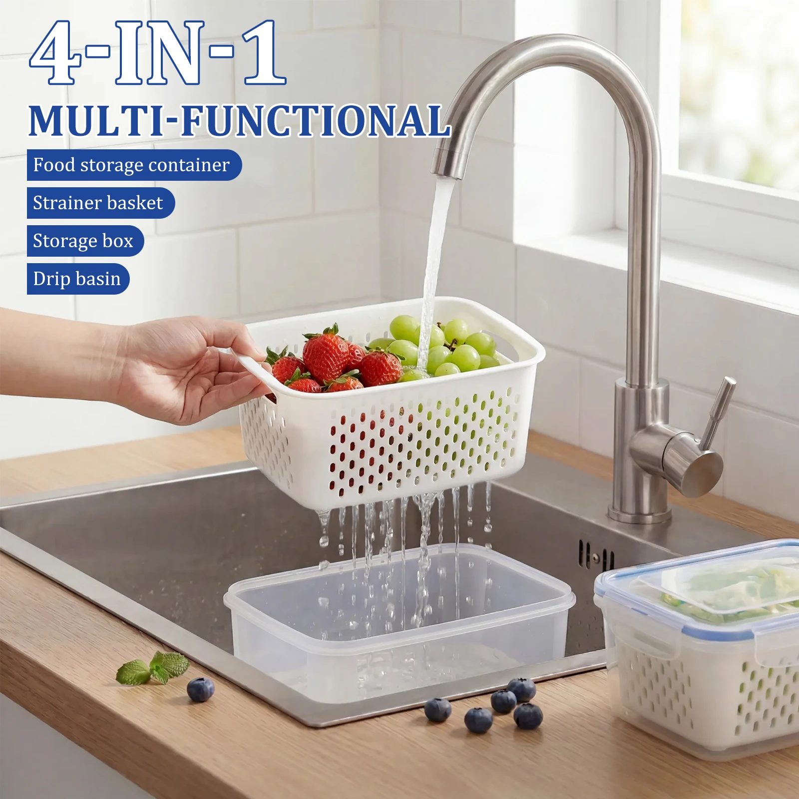 3Pcs 4 in 1 Food Storage Container Plastic Food Storage Box with Removable Drain Basket Kitchen Leakproof Fridge Organizer Box