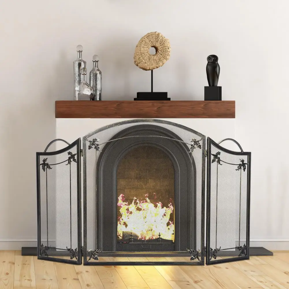 Transparent Mesh Fireplace Screen with Curved Handle, Foldable 3 Panels Fireplace Spark Guard, Sturdy Welded Hinges Spark Preven