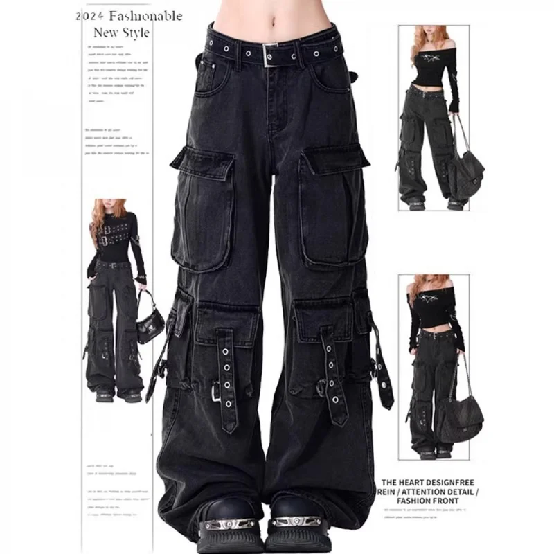 QICHE Men American High Street Cargo Denim Pants Heavyweight Multi‑Pocket Straight‑Leg Loose Wide‑Leg Casual Jeans