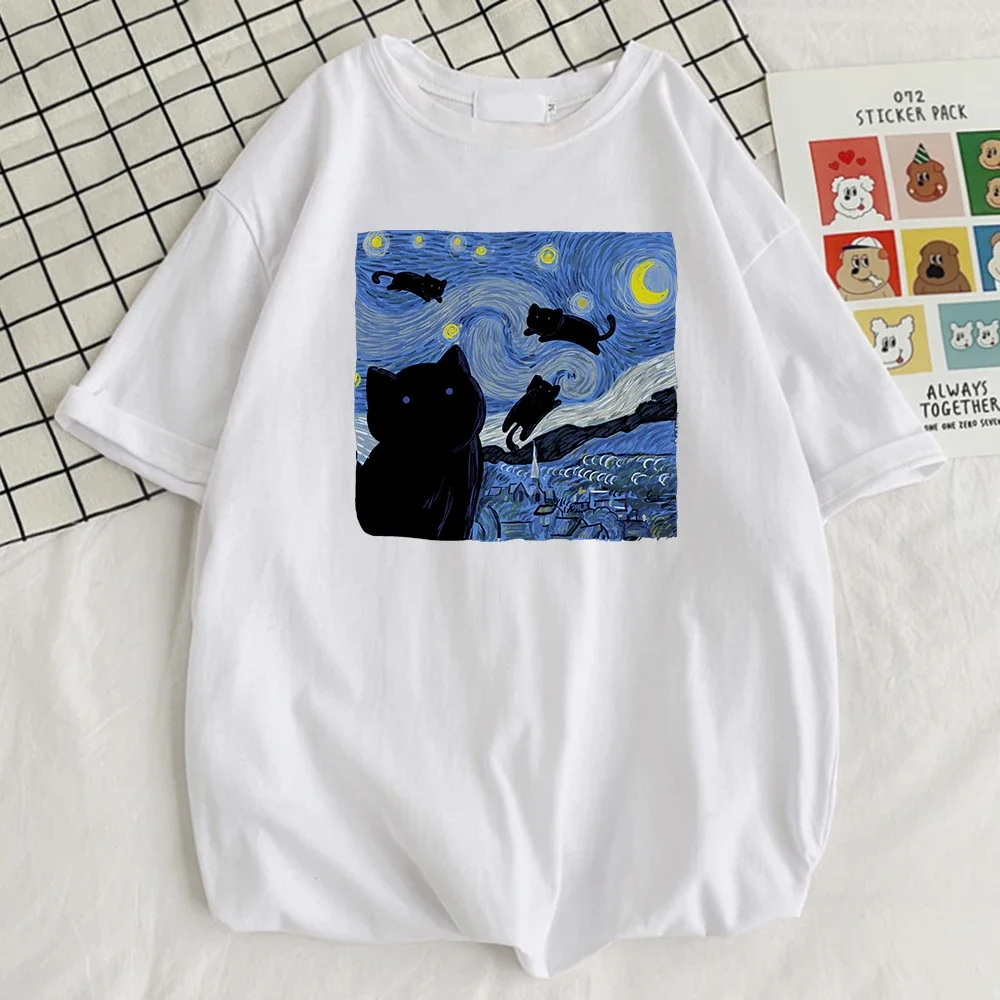 Vincent Van Gogh Starry Night Cute Cat Men Cotton Short Sleeve Crewneck Casual Tops Creative Oversize Short Sleeve Mans Clothing