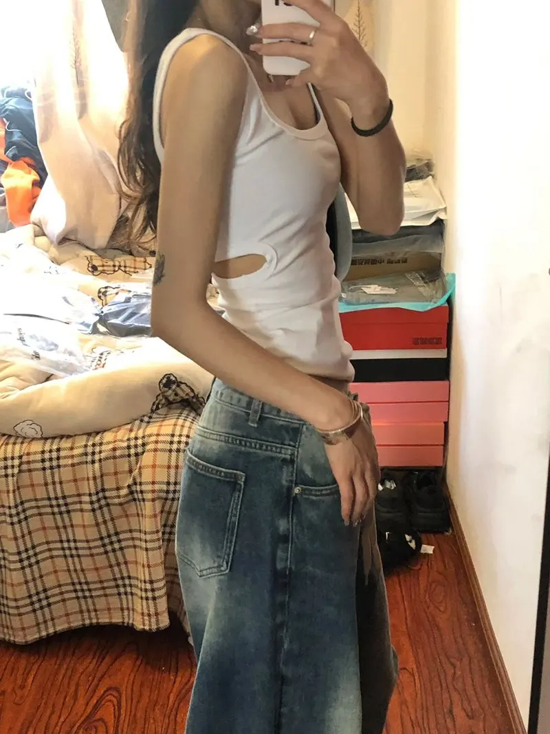 Jeans para meninas y2k mulher bolsos denim preto moda estilo coreano vintage cintura alta baggy perna larga namorado harajuku bolso