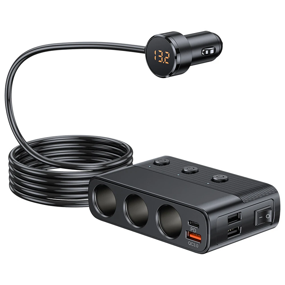 Car Chargers 128W PD+QC3.0 3-Socket Power Splitter 12-24V with 4 USB Ports Voltage Display On-Off Switch Black ABS 1 Meter