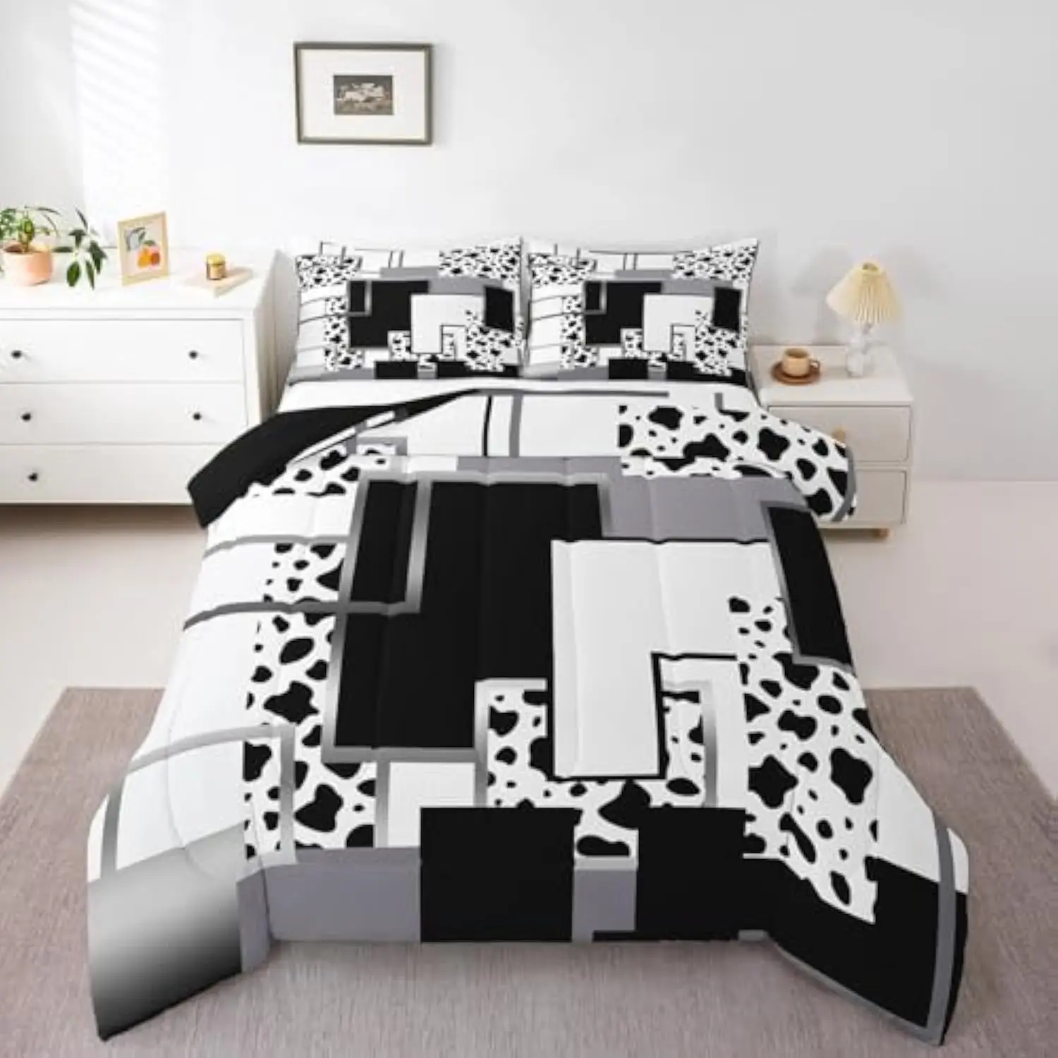 

Geometric Cow Print Comforter Settwin Abstract Black White Milk Cow Bedding Set for Kids Boys Girls Adults,Silver Grey Stripe