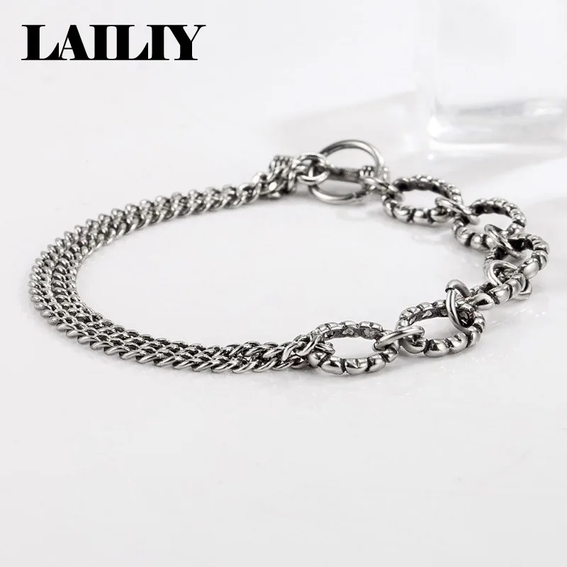 LAILIY 925 Sterling Silver Vintage Double Layer Cuban Chain OT Clasp Bracelet For Women Men Fashion Jewelry Party Birthday Gift