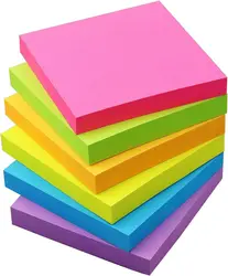 Notas pegajosas coloridas brilhantes, Super auto pegajosas almofadas, 100 folhas por almofada, fácil de postar para a escola, material de escritório, 3 em 6 em, 6 almofadas