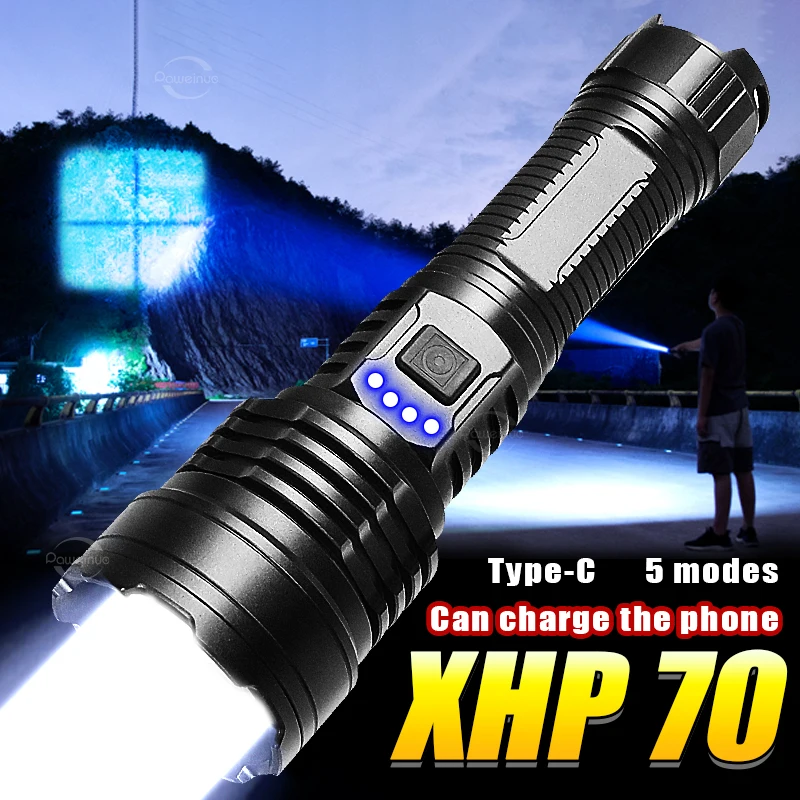 

XHP70.3 Rechargeable Flashlight 26550 Battery Use 12h Zoom 1000m Aluminum Alloy Self Defense Tactical Lamp Outdoor Hunting Torch