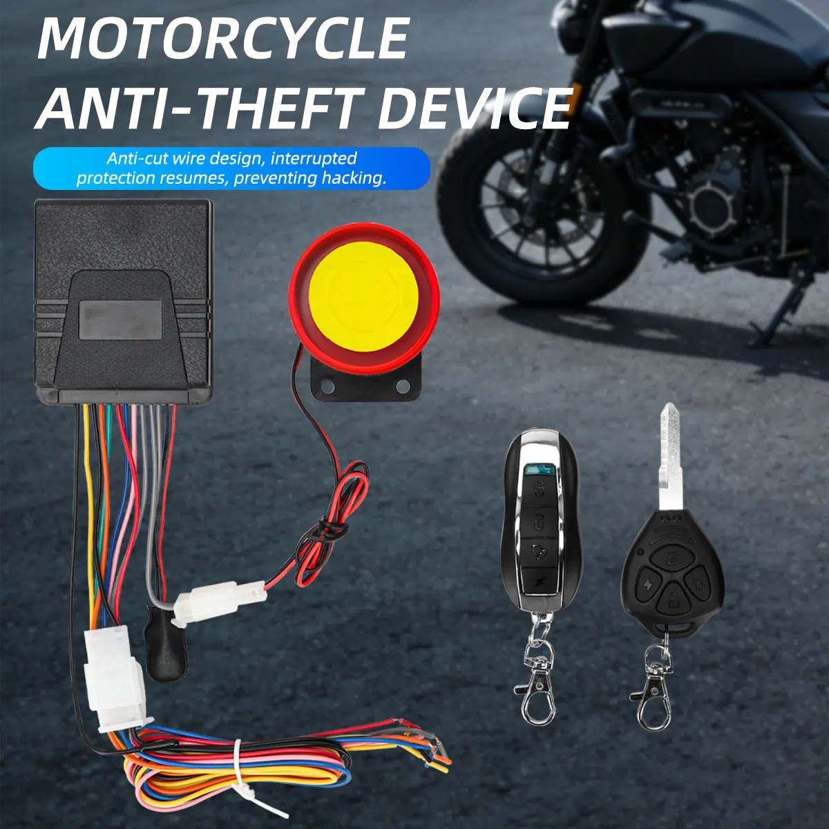 

Motorcycle Anti-Theft Alarm 125DB High Decibel Horn Multi-function Alert Vehicle Locator Dual Remote Control Key Automatic Lock