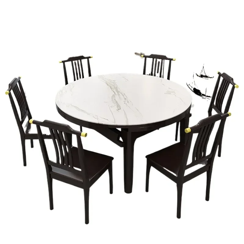 New Chinese Solid Wood Dining Table Retractable Deformation Simple Light Luxury Rock Slab Dining Table and Chair Combination