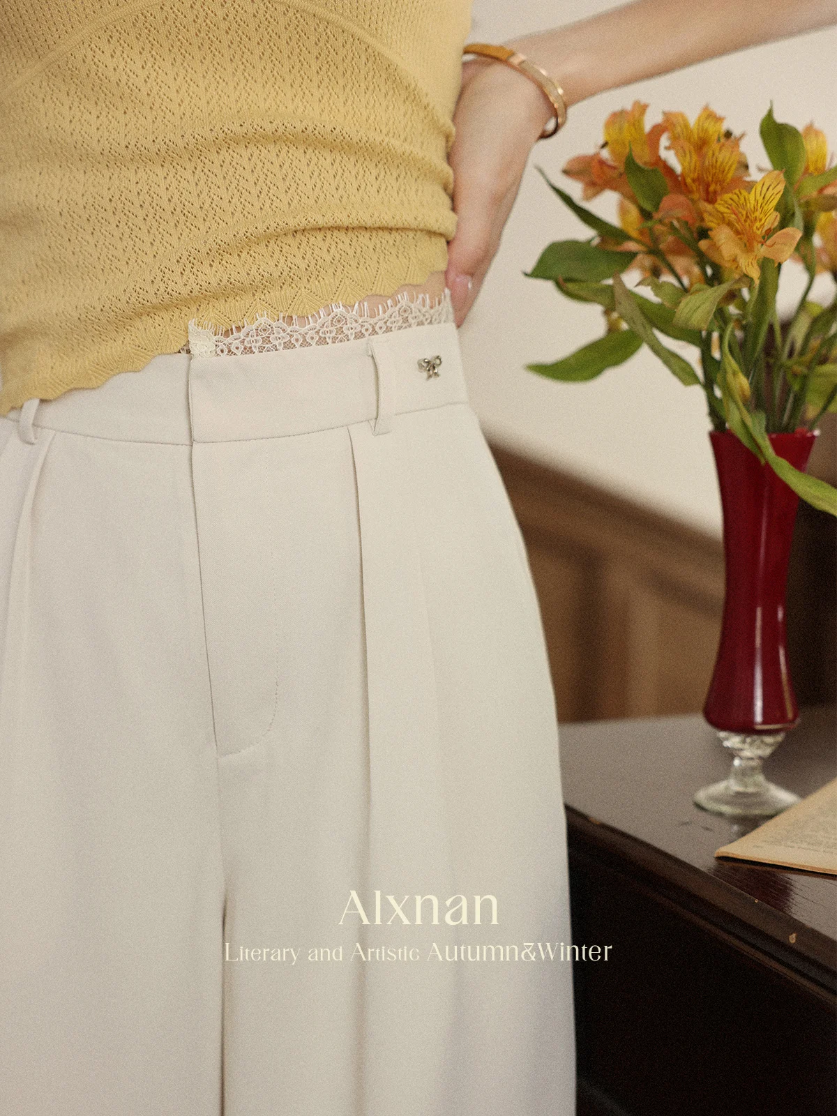 ALXNAN pantalon femme droit jambe large bureau dame Baggy pantalon automne clair abricot dentelle panneau taille pantalon décontracté L56771
