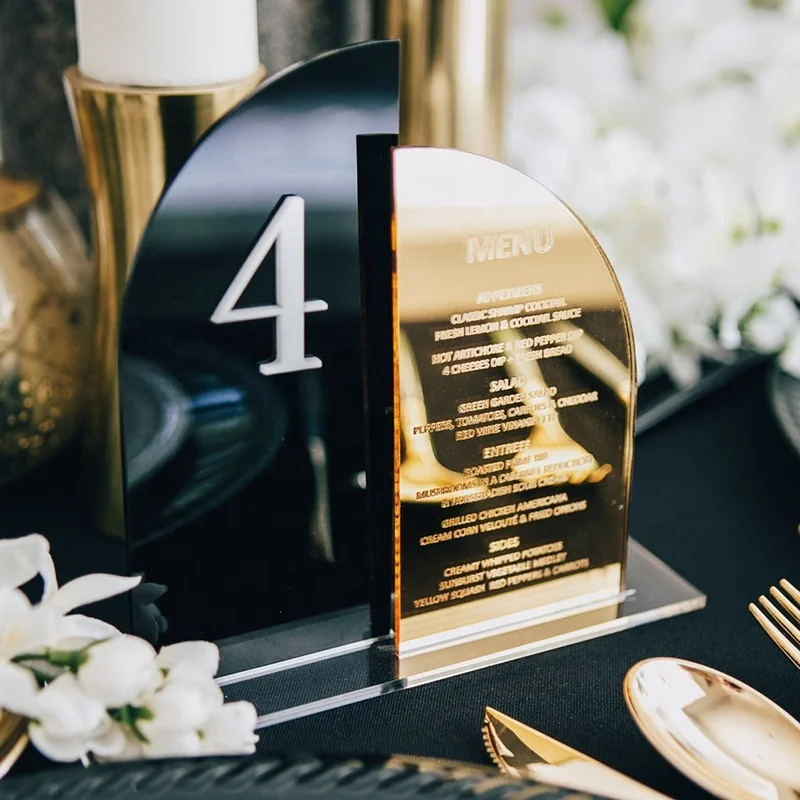 Custom Double Half Arched Black Gold Mirror Wedding Menu & Table Number Combined Sign Table Centrepiece Wedding Decoration