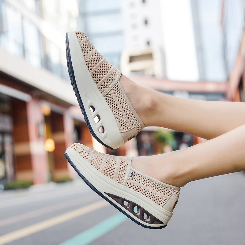 STRONGSHEN Summer Women Fashion Vulcanized Wedges Shoes Platform Ladies Shoes Casual Breathable Hollow Out Mesh Walking Shoes