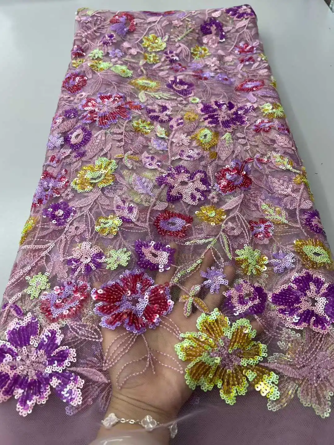 

African Lace Fabric 2025 High Quality Lace Luxury Sequins French Net Lace Tulle Mesh Fabrics Purple Lace beads Wedding Fabrics