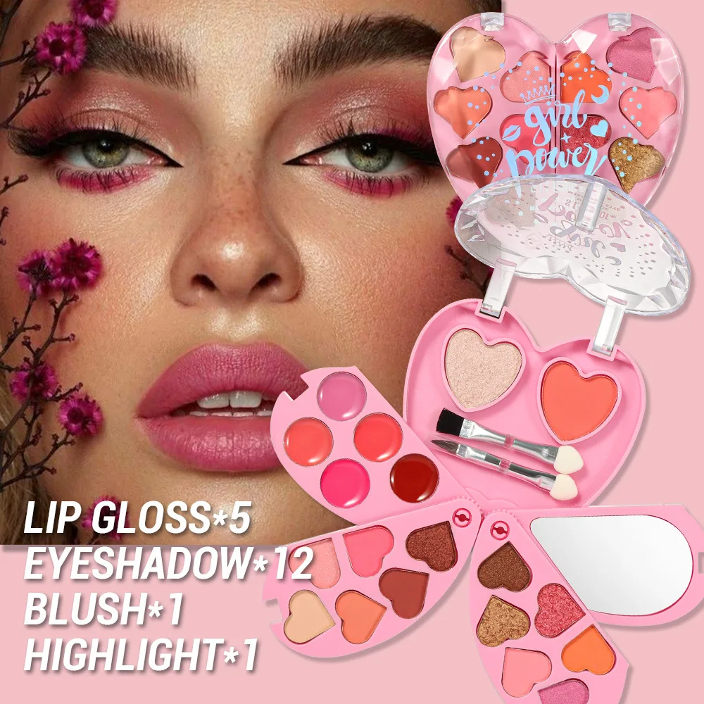 Cosmetics Palette Set: Lip Gloss, Eyeshadow, Blush, and Highlighter Combination—Ideal for Beginners and Portable Travel Use