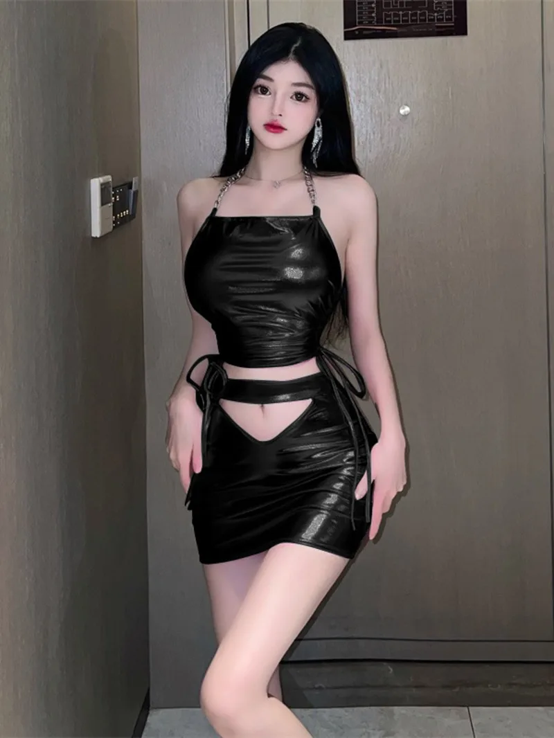 Pu Leather Mini Dress Sexy Strap Hollow Short Top Hollow Short Fashion Hollow Out Halter Neck Sweet Sexy Korean Women LP9A