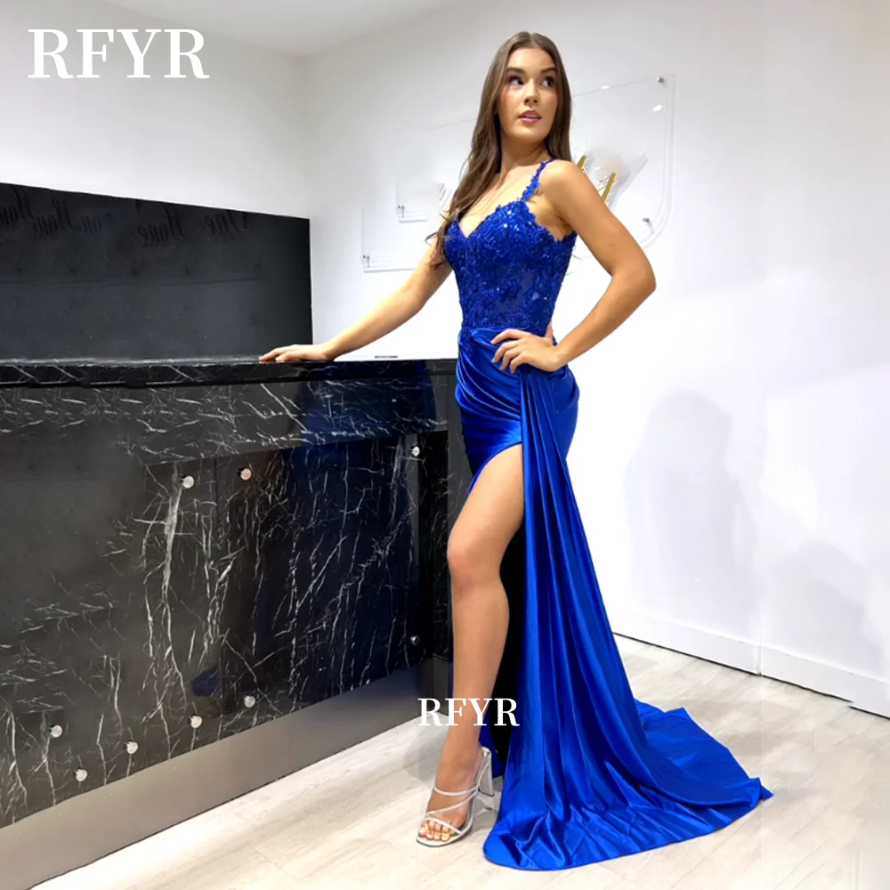

Элегантное вечернее платье RFYR королевского синего цвета с высоким разрезом, атласное, А-силуэта, с аппликациями и плиссировкой, на заказ