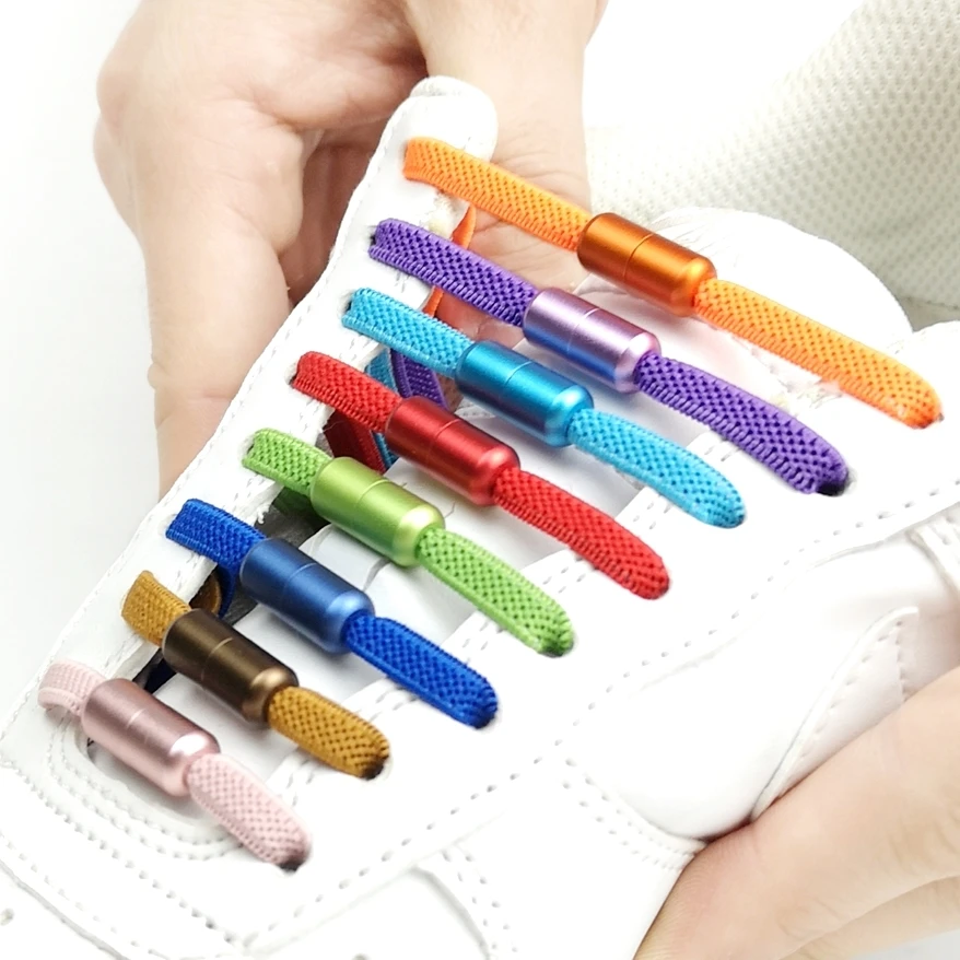 1Pair New Flat Elastic No Tie Shoelaces Sneakers Colorful Metal Lock Laces Creative Kids Adult Unisex Shoes Laces