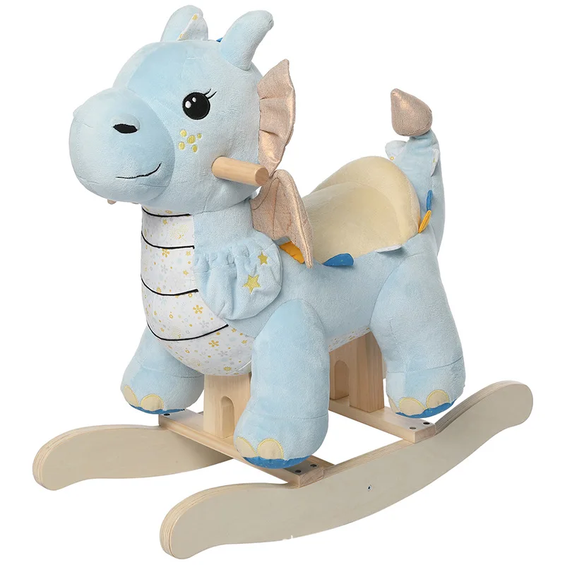 Huanyu blue winged horned dragon rocking horse children rocking chair solid wood toys for boys and girls rocking birthday gift.