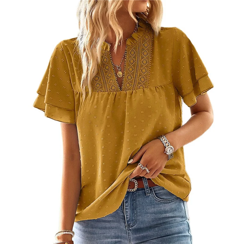 

ABRT-Womens Tops Butterfly Sleeve V Neck Blouses For Women Dressy Casual Flowy Swiss- Dot Ruffle Short Sleeve Shirts