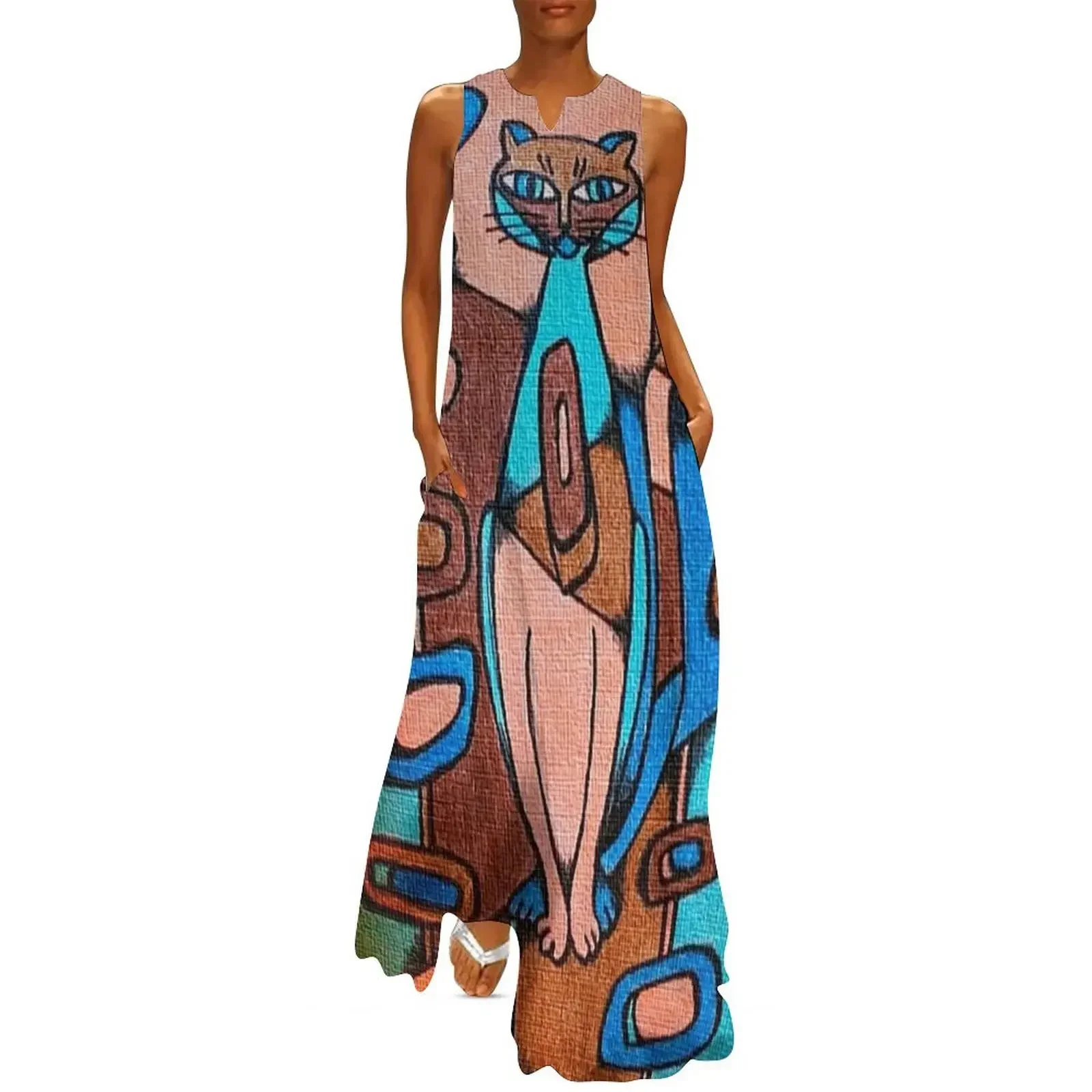 

Mid Century Modern Cat Two Long Dress Elegant gowns dresses korean style Dress women Dress