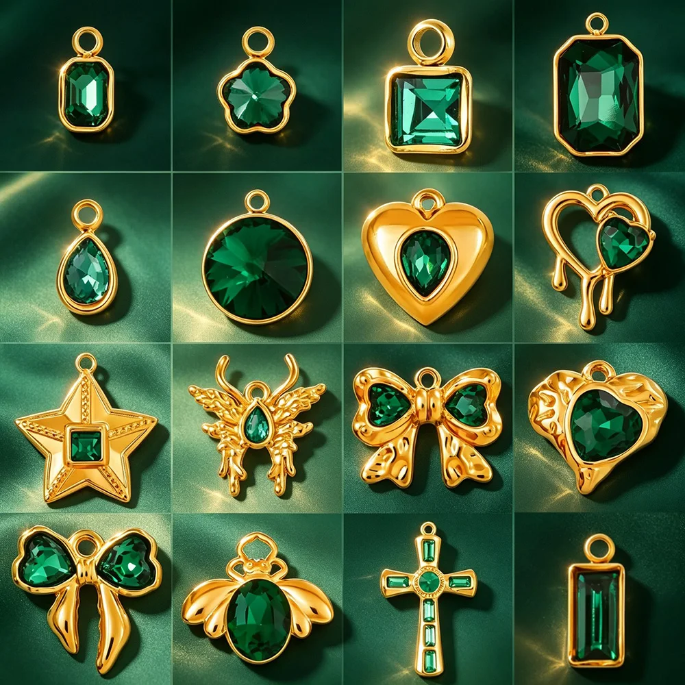 Luxus 5 teile/los Grün Strass Anhänger Herz Stern Bogen Kreuz Geformt Charms Schmuck Zubehör für Halskette Ohrringe Armbänder