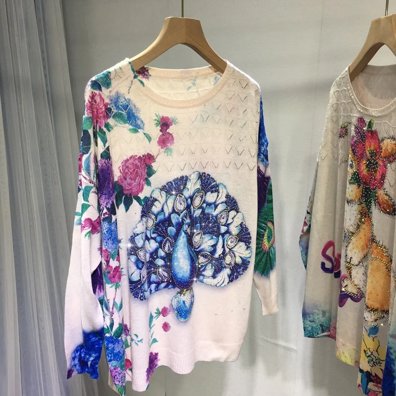 Camiseta de punto para mujer, Top de manga larga con cuello redondo, elegante, con flores de pavo real, primavera y verano, 2023