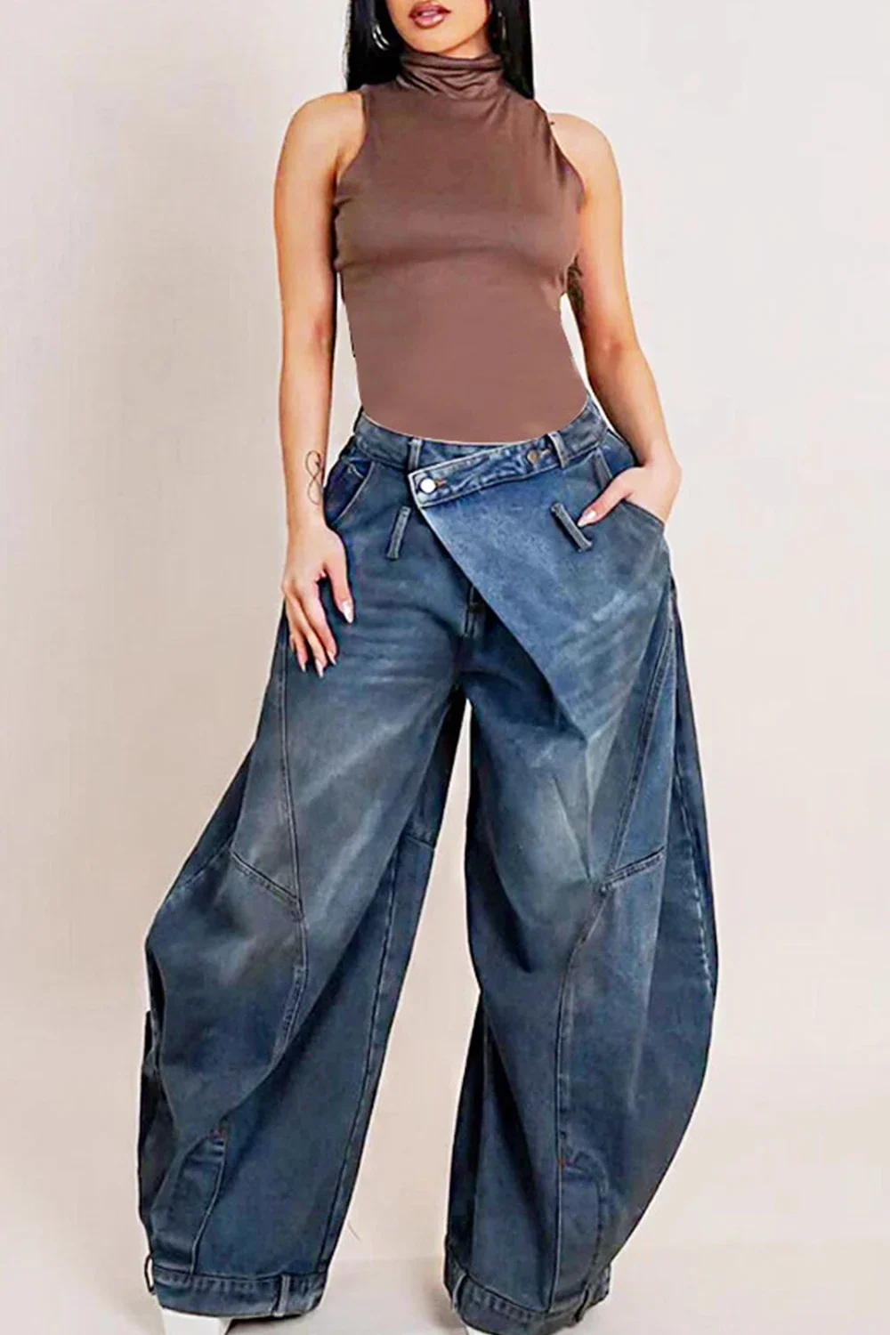 Women Loose Denim Jeans Pants Washed Casual Harajuku High Street Grunge Denim Asymmetric Button Pocket Trouders Jeans for Women
