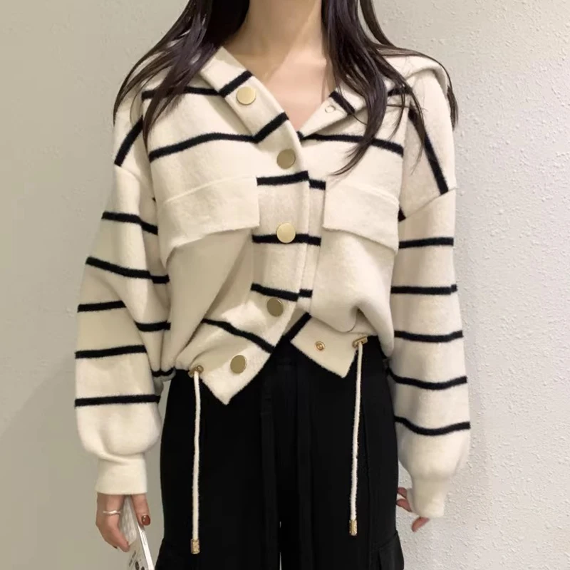 

Chic Autumnal Vintage Anti-Aging Loose Casual Large ket Dstring Long Sve Striped Hooded Knitted Jaet Women