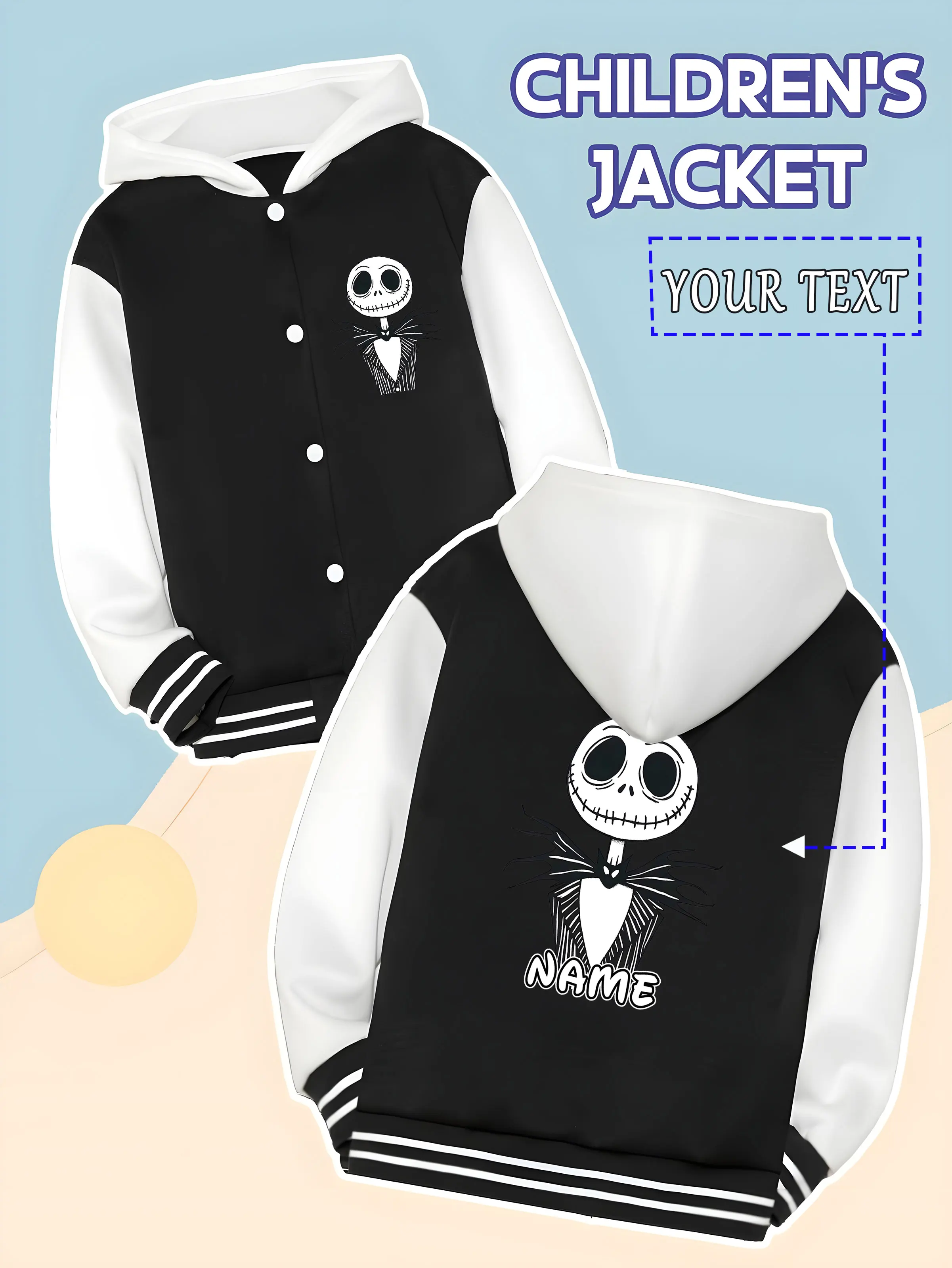 

MINISO Disney's "The Nightmare Before Christmas" classic children's baseball jacket - Jack Skeleton simple design, hardcore and