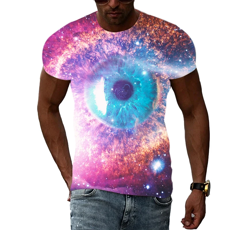 2022 Summer Men\'s Casual T-Shirt Galaxy Pattern 3D Three-dimensional Printing Fashion High Street Short Sleeve Oversized Top