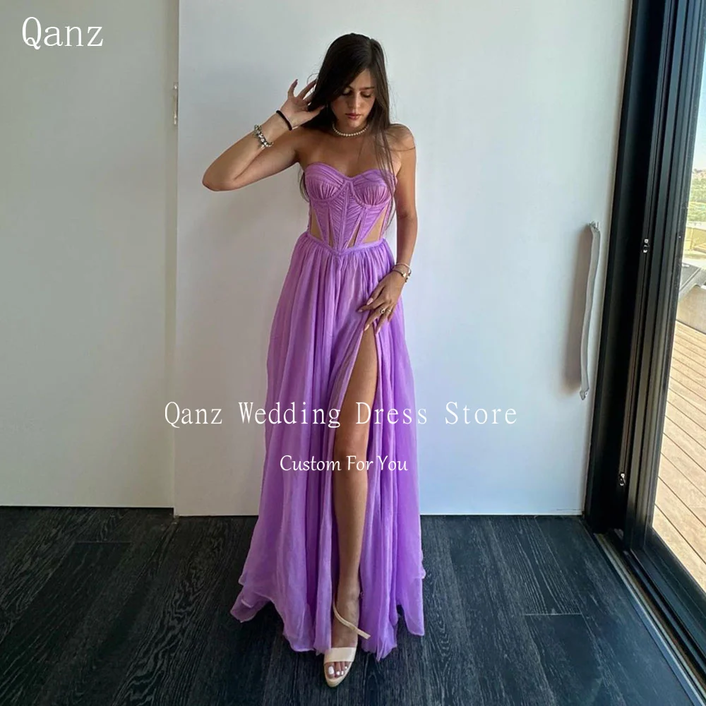 Qanz Long A Line Party Dresses Woman Elegant Luxury Chiffon High Side Slit Evening Dresses Corset Back Prom Dresses Customized