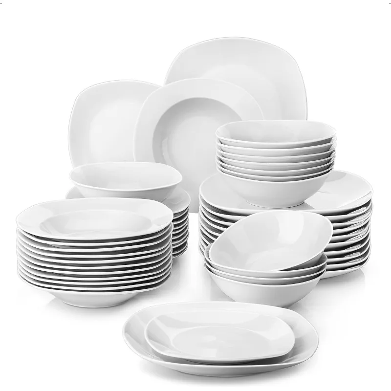 Plates and Bowls Sets, 48-Piece Gray White Square Dinnerware Sets Without Mugs, Porcelain Dinner Set with Plates Set, Dishes