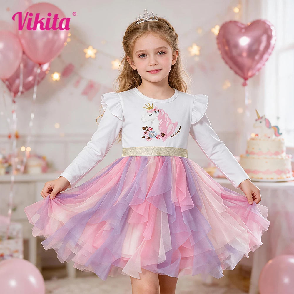 VIKITA Mädchen Herbst Kleid Kinder Prinzessin Kostüme Geburtstag Party Einhorn Druck Tüll Kleider Kinder Unregelmäßige Kleid 3 bis 8 Jahre