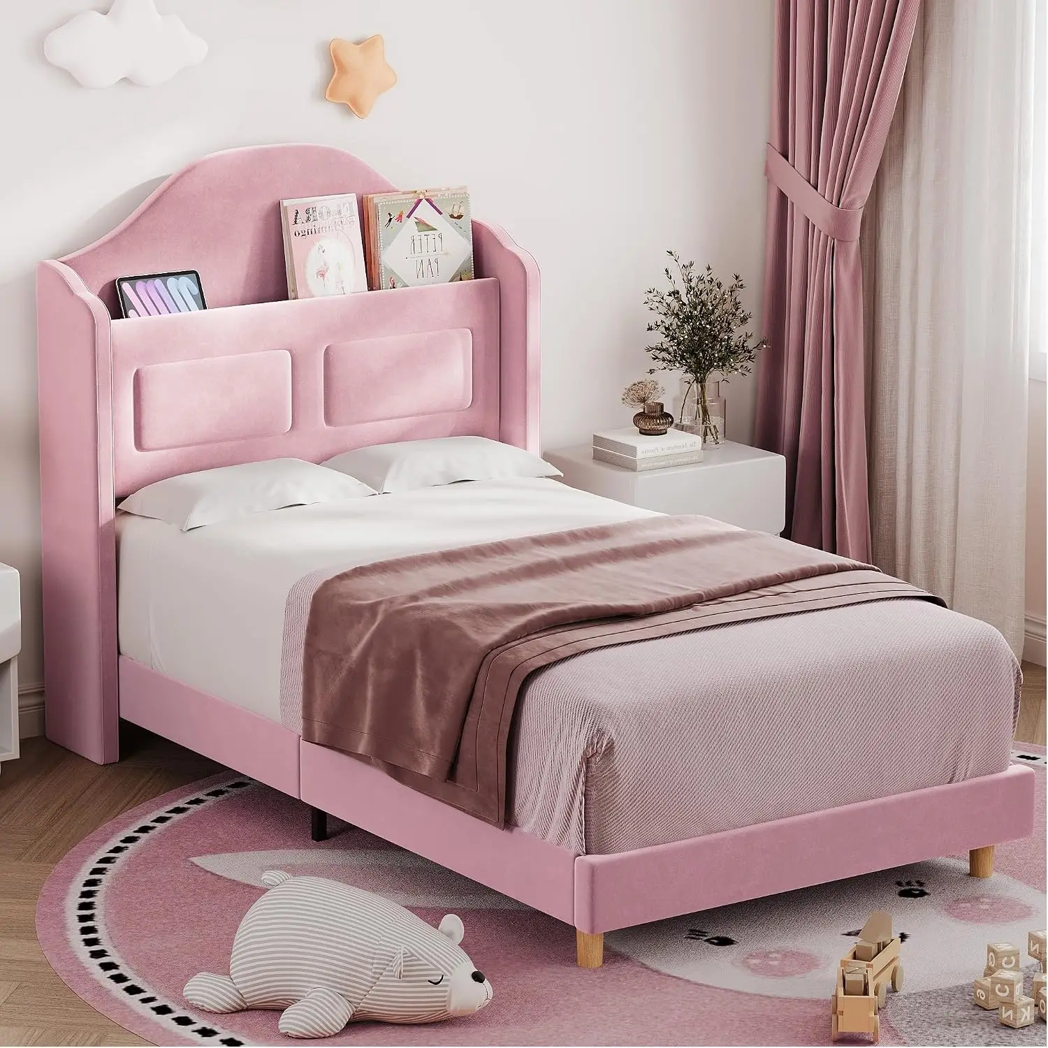 Twin Bed Frame for Kids, Upholstered Velvet Princess Platform Bed, Pink | Wingback Headboard with LED Light &, Customized