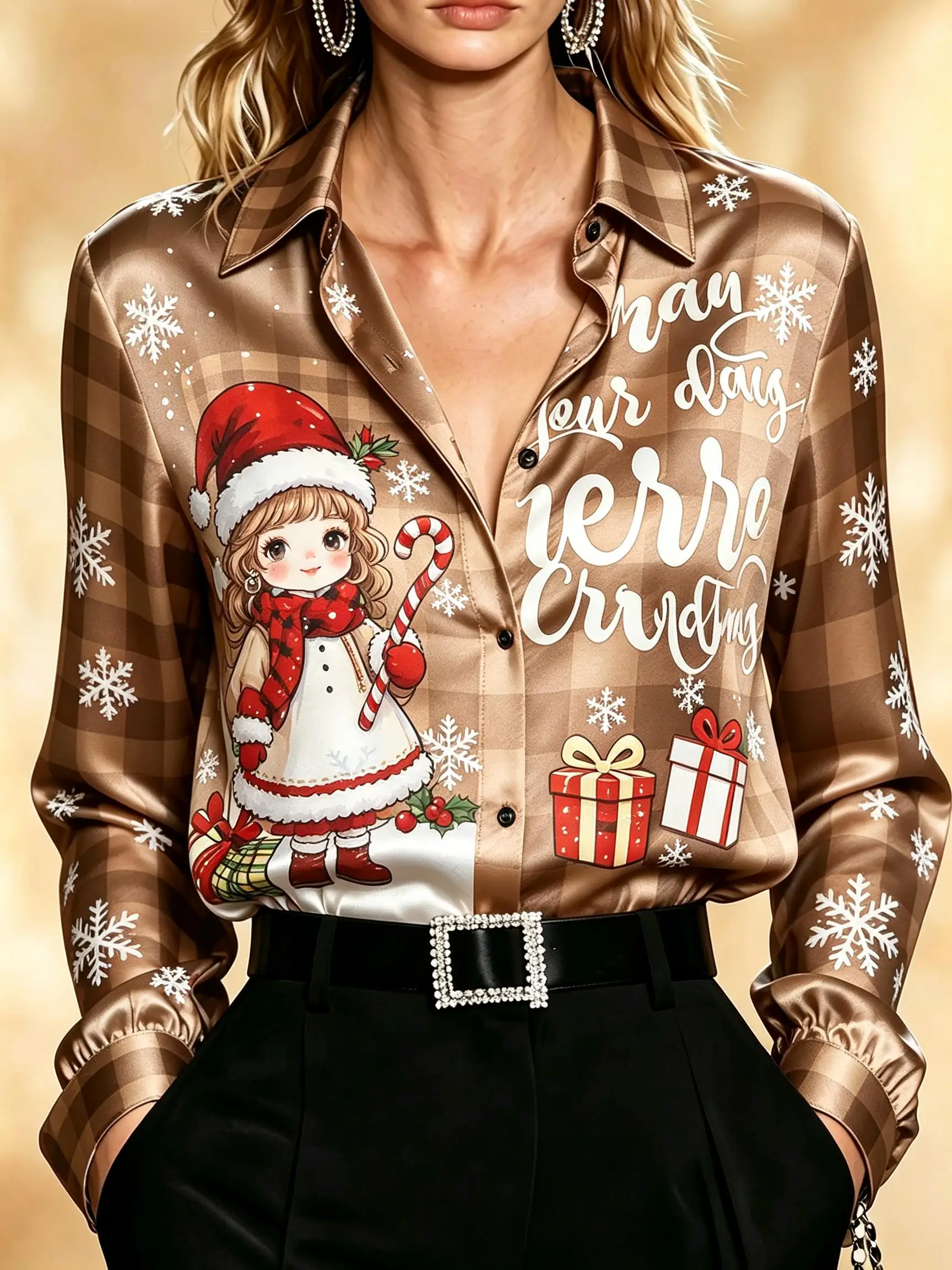 Women Collared Long Sleeve Plaid Shirt Christmas Cartoon Graphic Print Snowflake Holiday Party Blouse