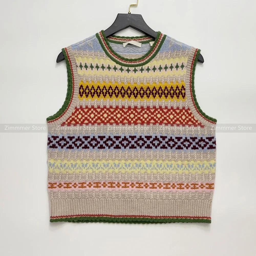 Fashion Women's 24 Autumn and Winter Retro Round Neck Striped Jacquard Pattern Sleeveless Knitted Vest Vest