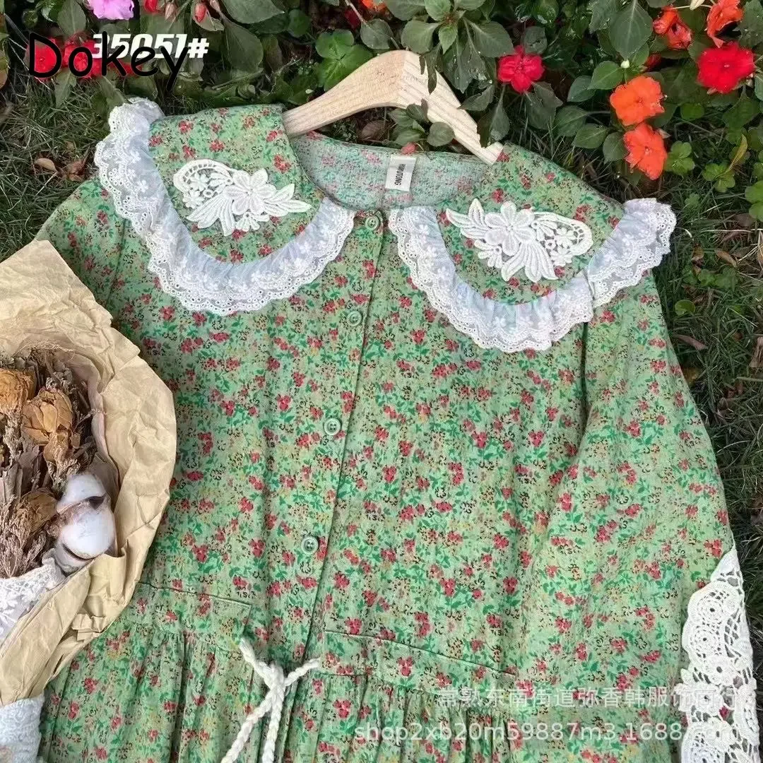 Vintage Lace Patchwork Flower Green Dress Women Japanese Mori Girl Peter Pan Collar Cotton Linen Dress Loose Kawaii Midi Vestido