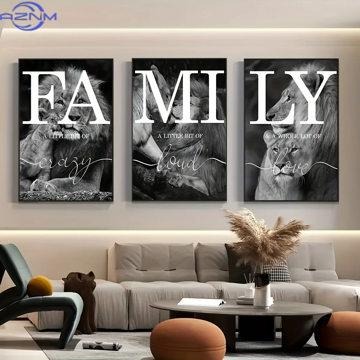3pcs Black And White Lion Family Quotes, Home Logo Oil Paintings, Posters And Prints, Animal Wall Art, Living Room Decoration,